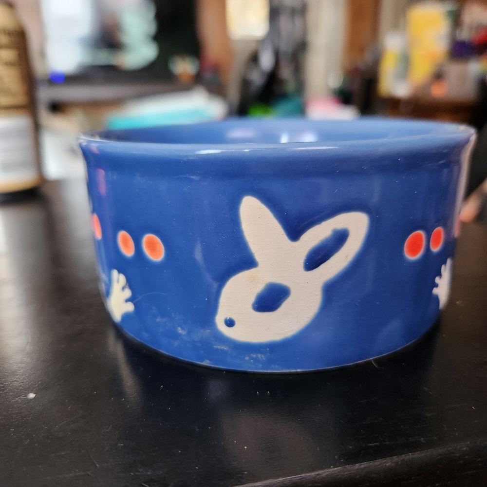 Blue Ceramic Bowl with White Rabbit Design